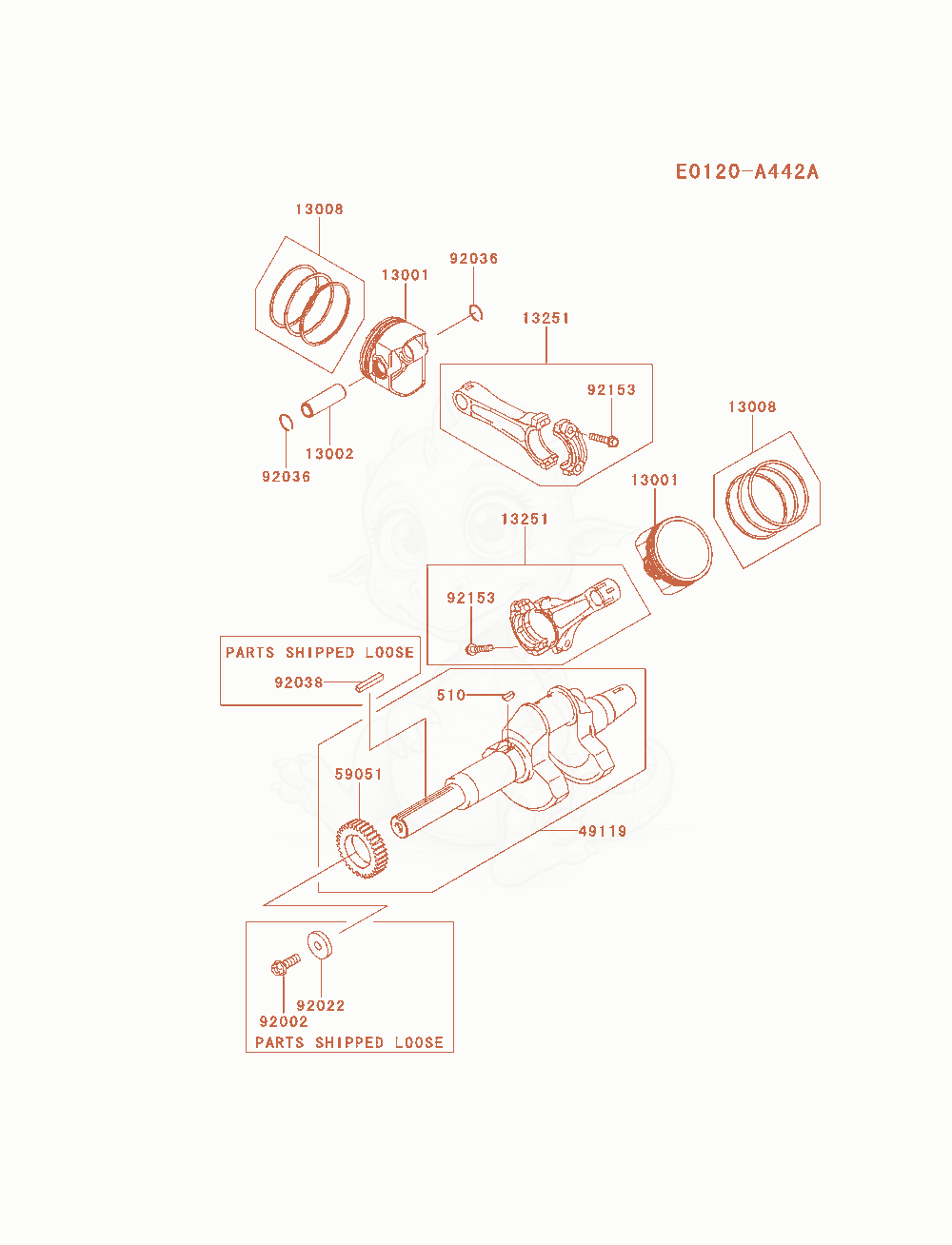 Despiece del Piston / Crankshaft de un motor Kawasaki FD851D-AS00, con globos numerados