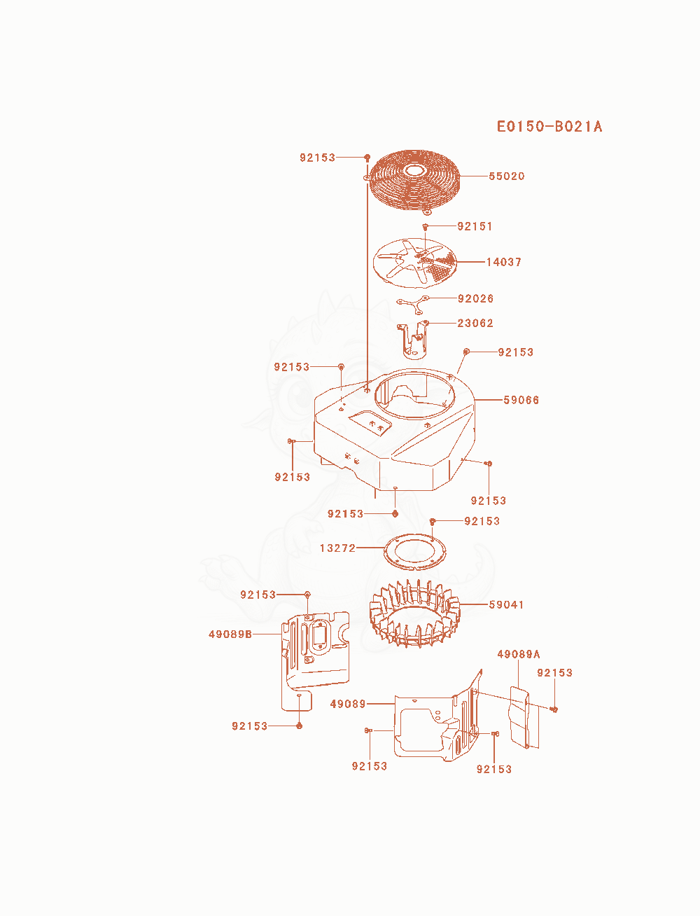 Despiece del Cooling-Equipment de un motor Kawasaki FX651V-BS10, con globos numerados