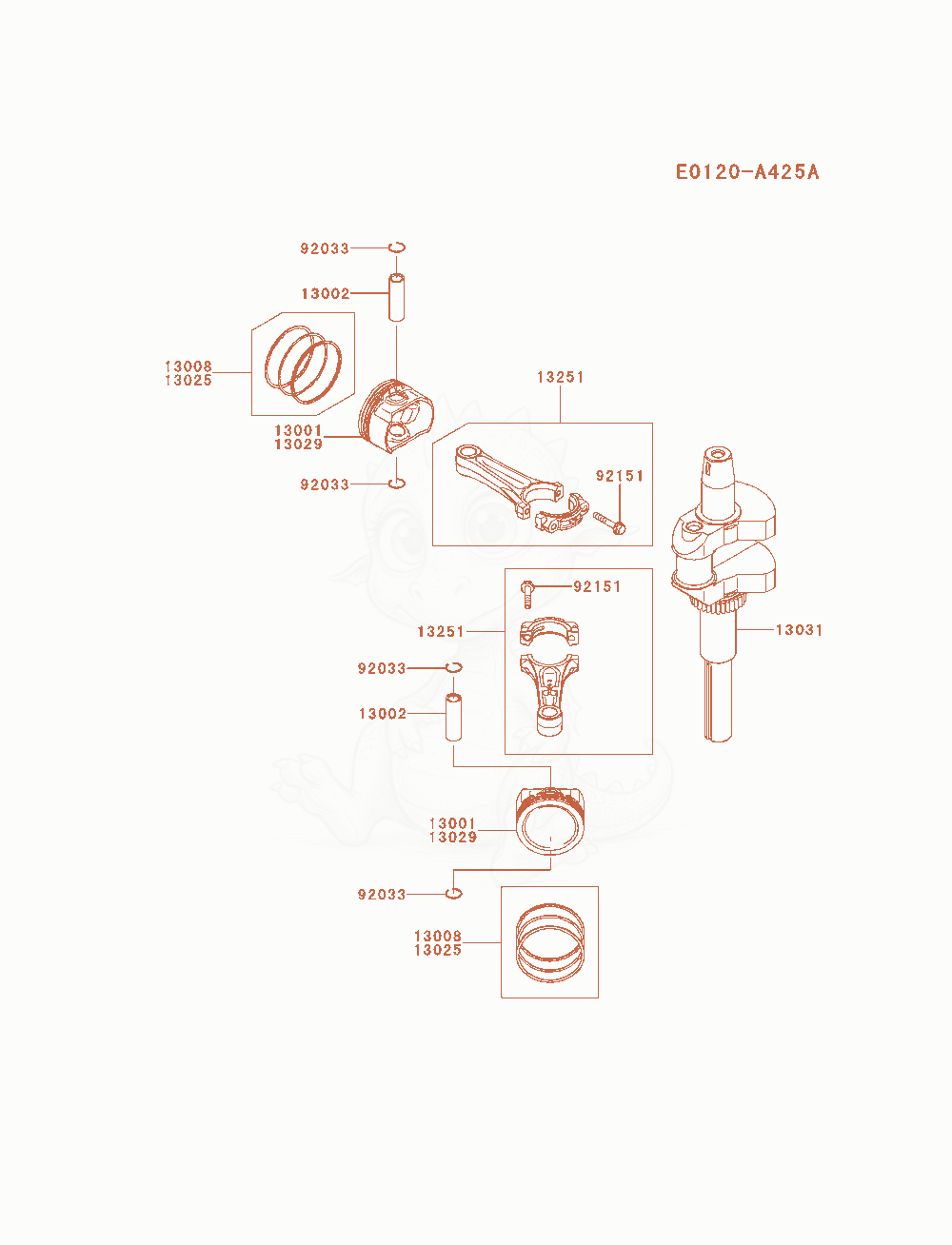 Despiece del Piston / Crankshaft de un motor Kawasaki FX600V-AS14, con globos numerados