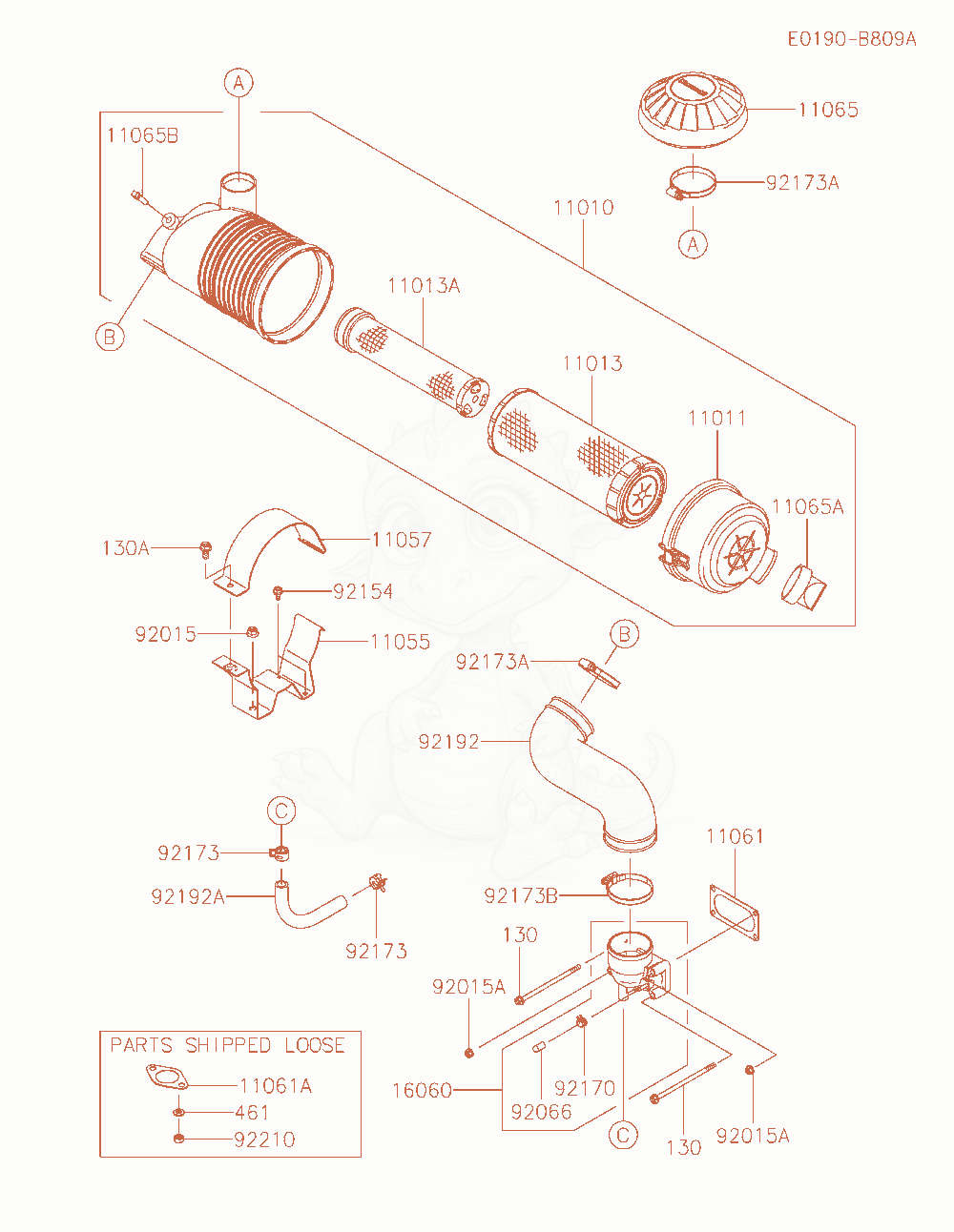 Despiece del Air-Filter / Muffler de un motor Kawasaki FX921V-AS27, con globos numerados
