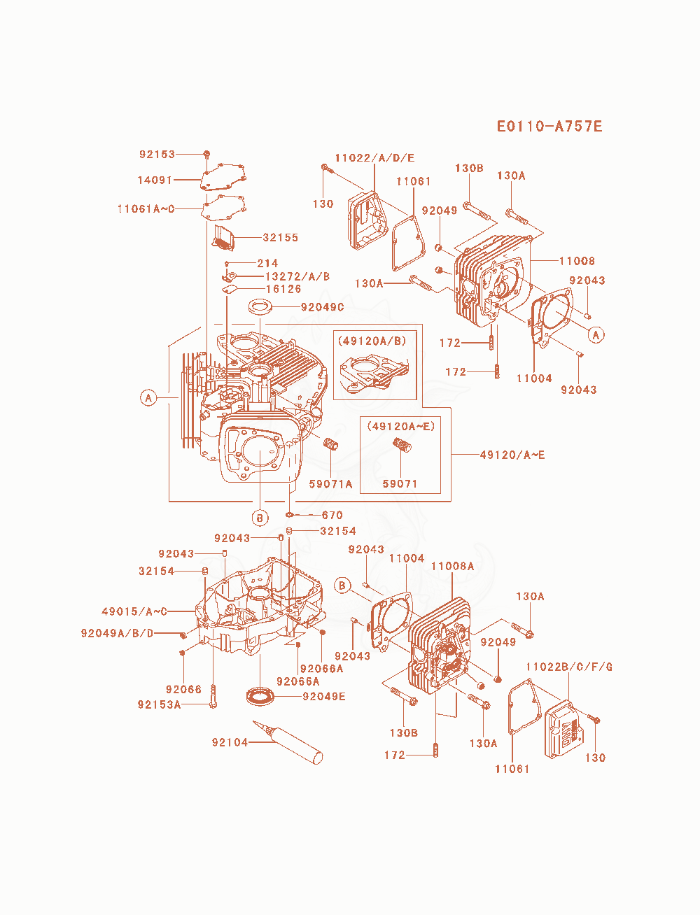 Despiece del Cylinder / Crankcase de un motor Kawasaki FR651V-AS00, con globos numerados