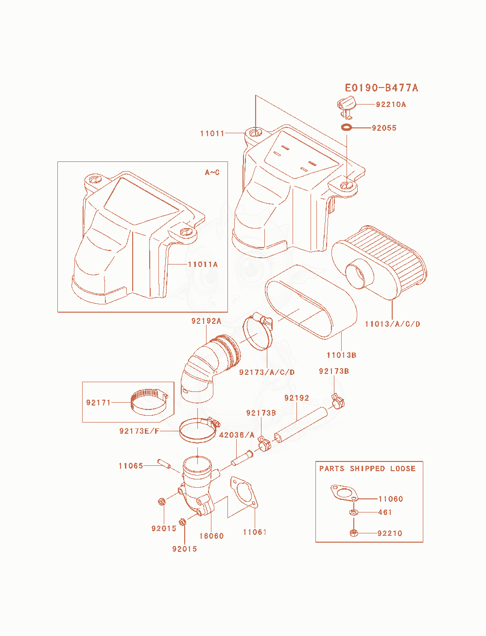 Despiece del Air-Filter / Muffler de un motor Kawasaki FS691V-BS05, con globos numerados