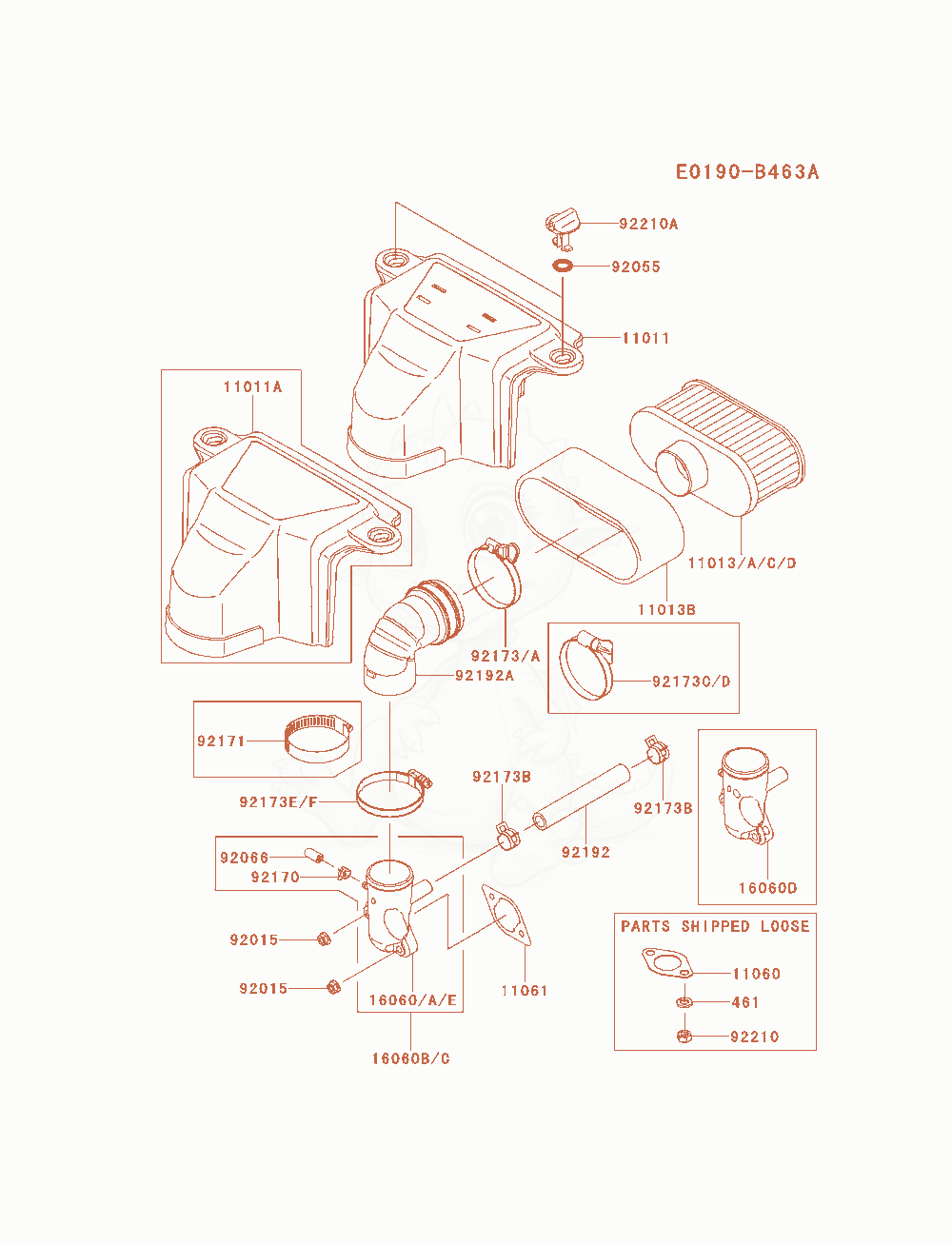 Despiece del Air-Filter / Muffler de un motor Kawasaki FS600V-AS04, con globos numerados