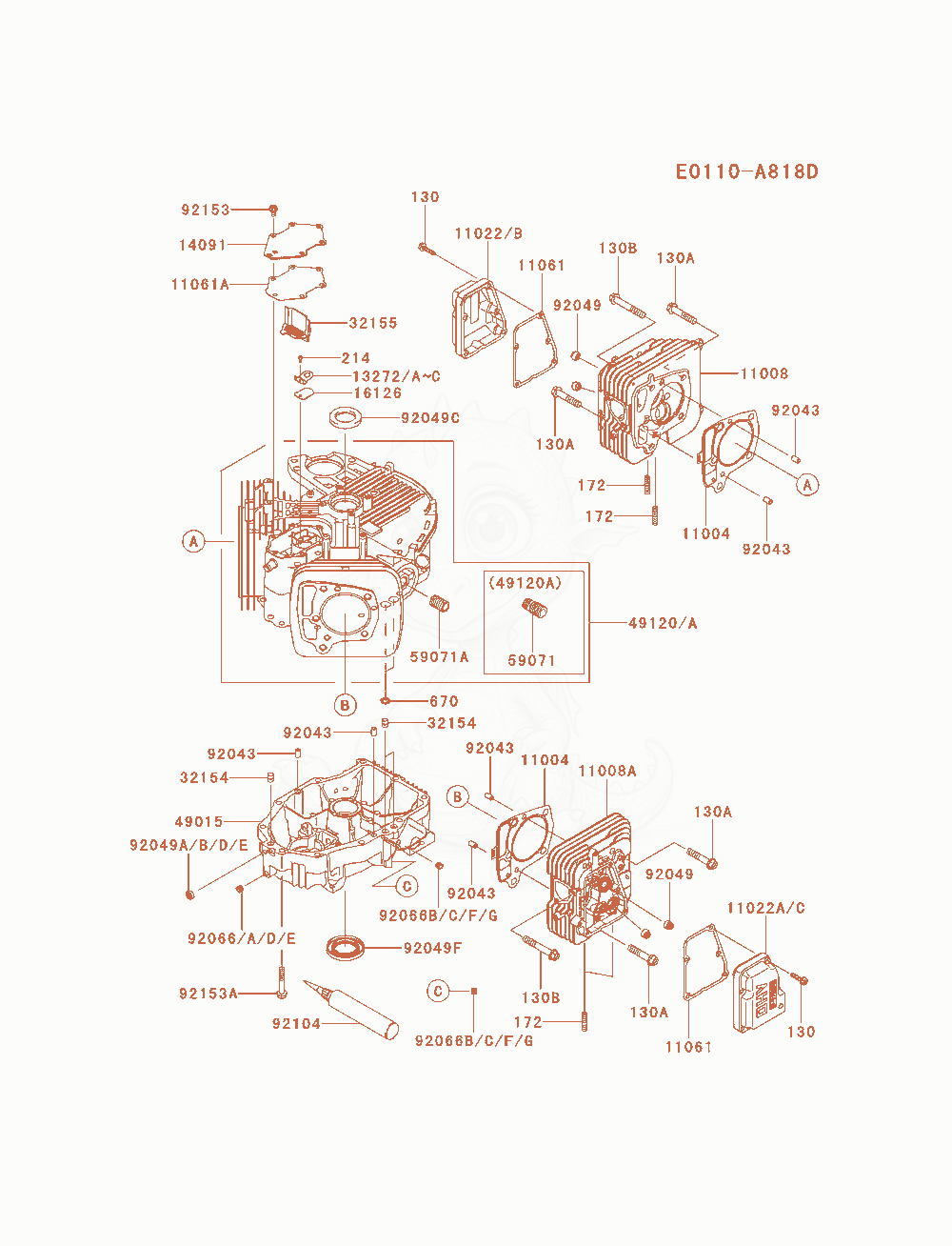 Despiece del Cylinder / Crankcase de un motor Kawasaki FS691V-AS08, con globos numerados
