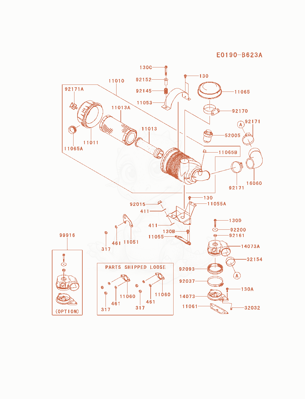 Despiece del Air-Filter / Muffler de un motor Kawasaki FD851D-MS02, con globos numerados