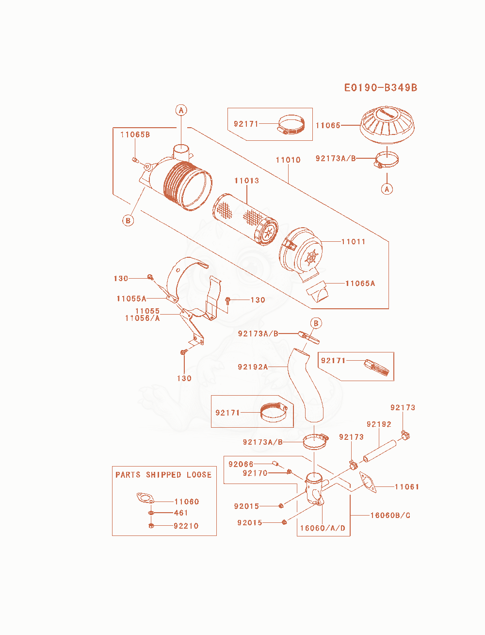 Despiece del Air-Filter / Muffler de un motor Kawasaki FX541V-AS05, con globos numerados