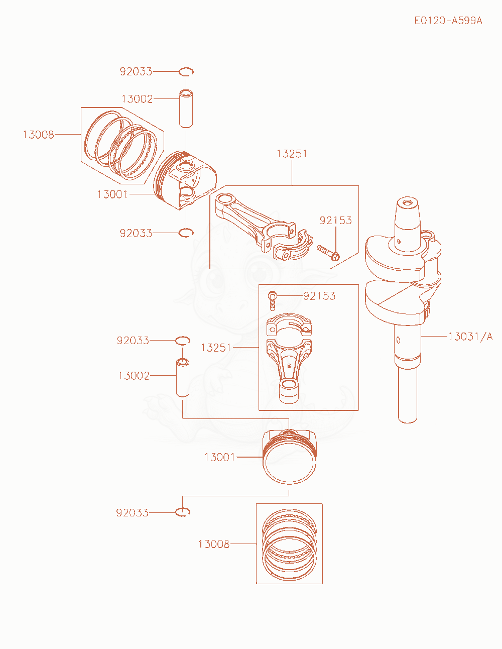 Exploded parts diagram of the Piston / Crankshaft of a Kawasaki FX850V-AR33 engine, with numbered balloons