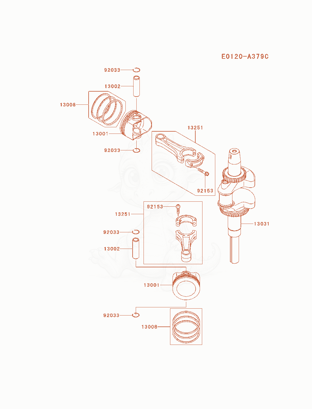 Despiece del Piston / Crankshaft de un motor Kawasaki FXT00V-AS09, con globos numerados