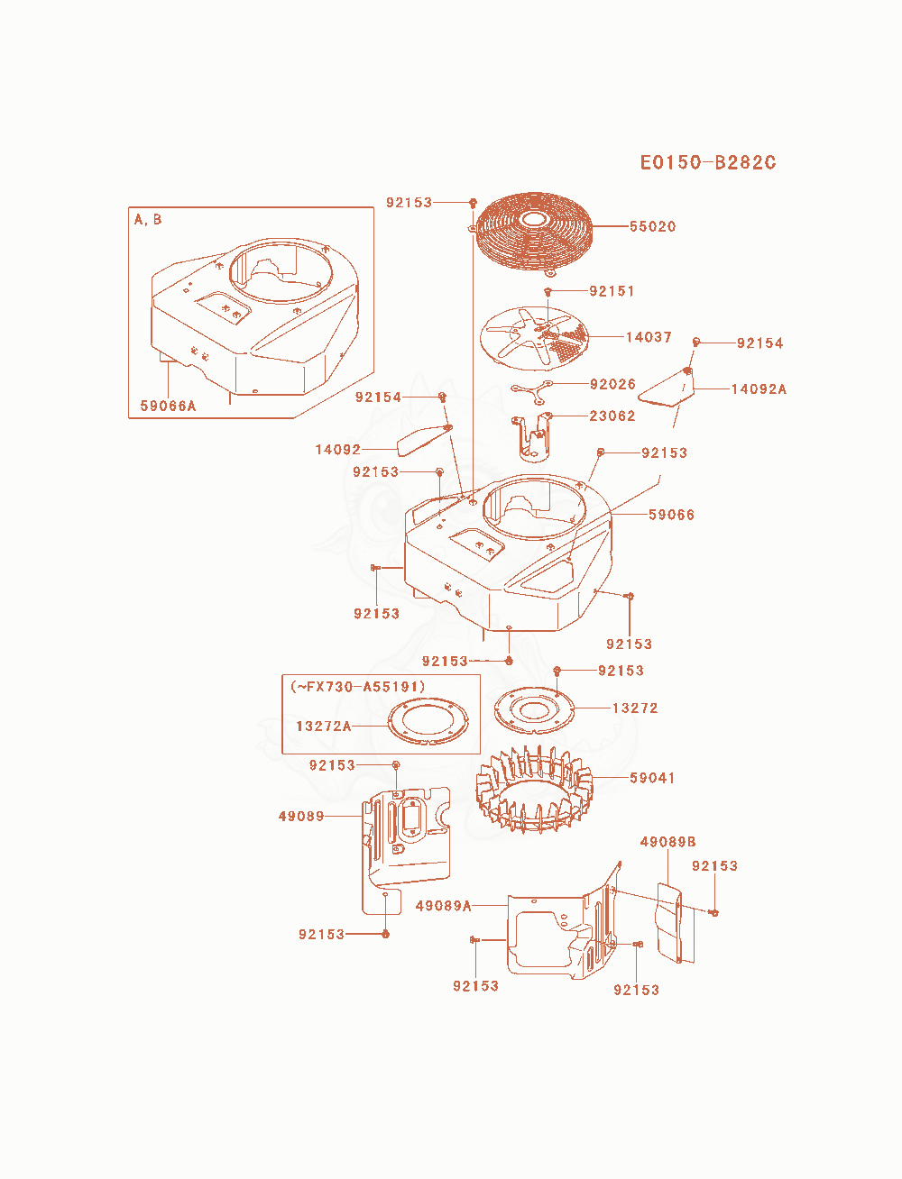 Despiece del Cooling-Equipment de un motor Kawasaki FX730V-AS14, con globos numerados