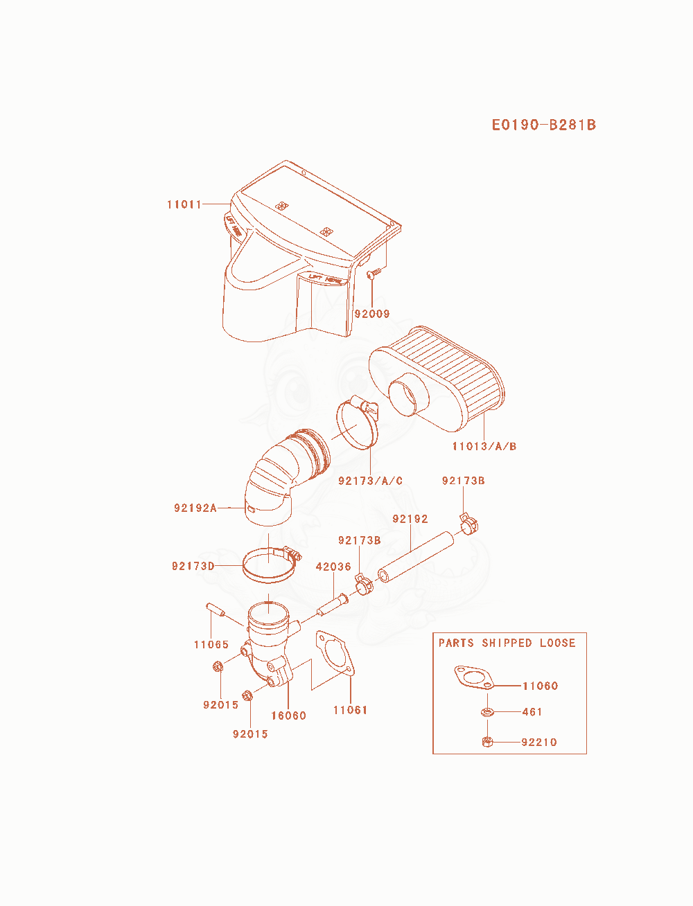 Despiece del Air-Filter / Muffler de un motor Kawasaki FR691V-AS13, con globos numerados