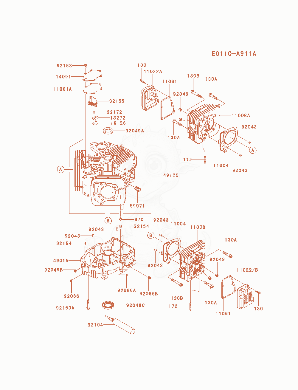 Despiece del Cylinder / Crankcase de un motor Kawasaki FR730V-AS22, con globos numerados