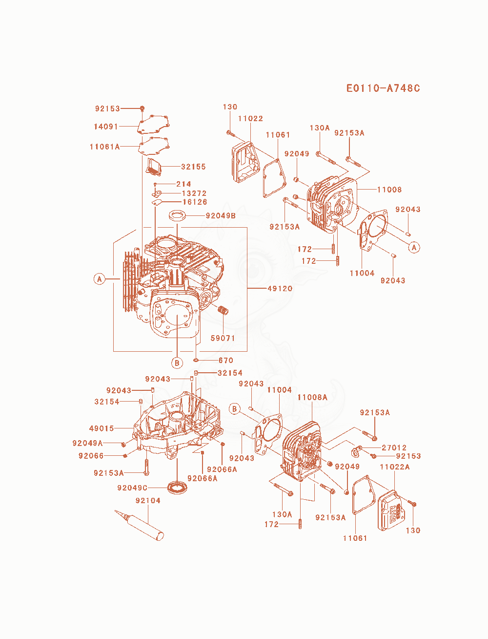 Despiece del Cylinder / Crankcase de un motor Kawasaki FX600V-AS15, con globos numerados
