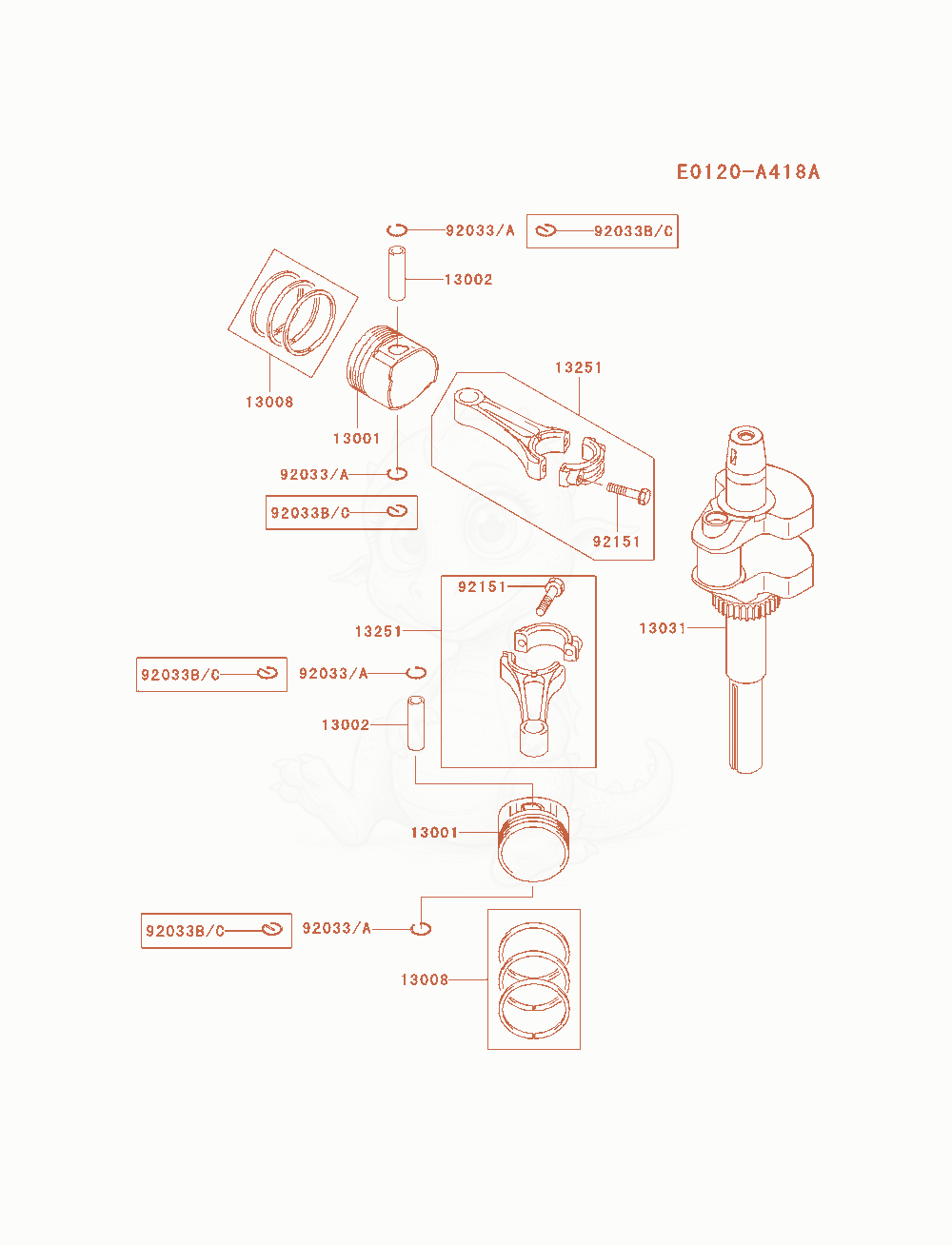 Despiece del Piston / Crankshaft de un motor Kawasaki FH580V-AS35, con globos numerados