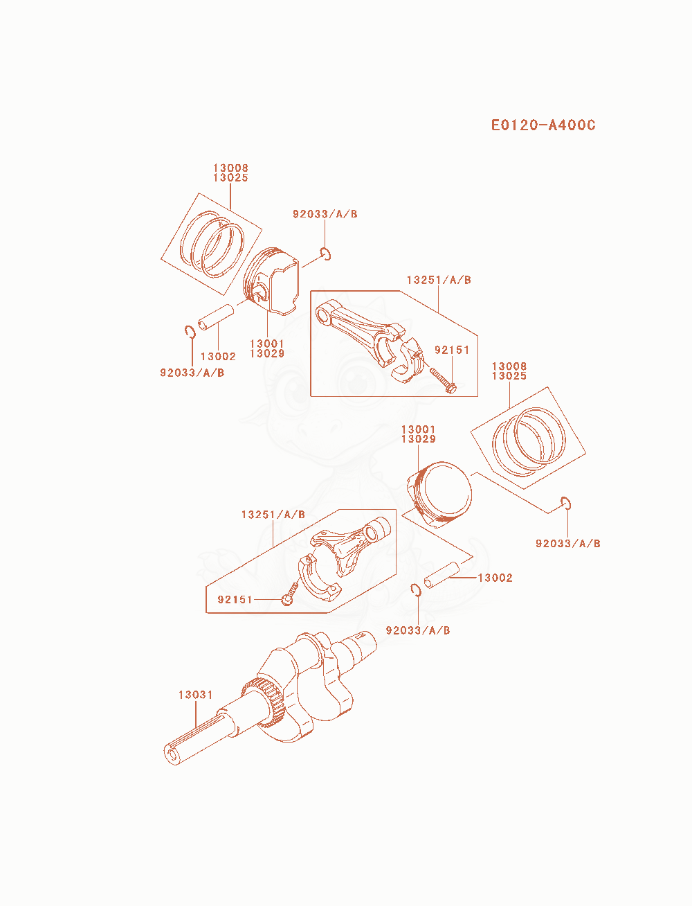 Despiece del Piston / Crankshaft de un motor Kawasaki FH680D-DS08, con globos numerados