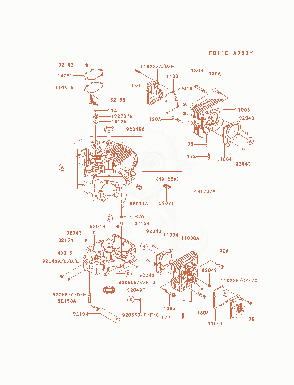 Despiece del Cylinder / Crankcase de un motor Kawasaki FR691V-AS15, con globos numerados