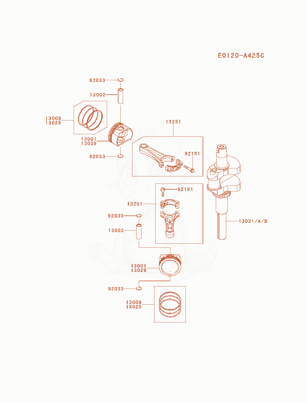 Exploded parts diagram of the Piston / Crankshaft of a Kawasaki FX600V-BS02 engine, with numbered balloons