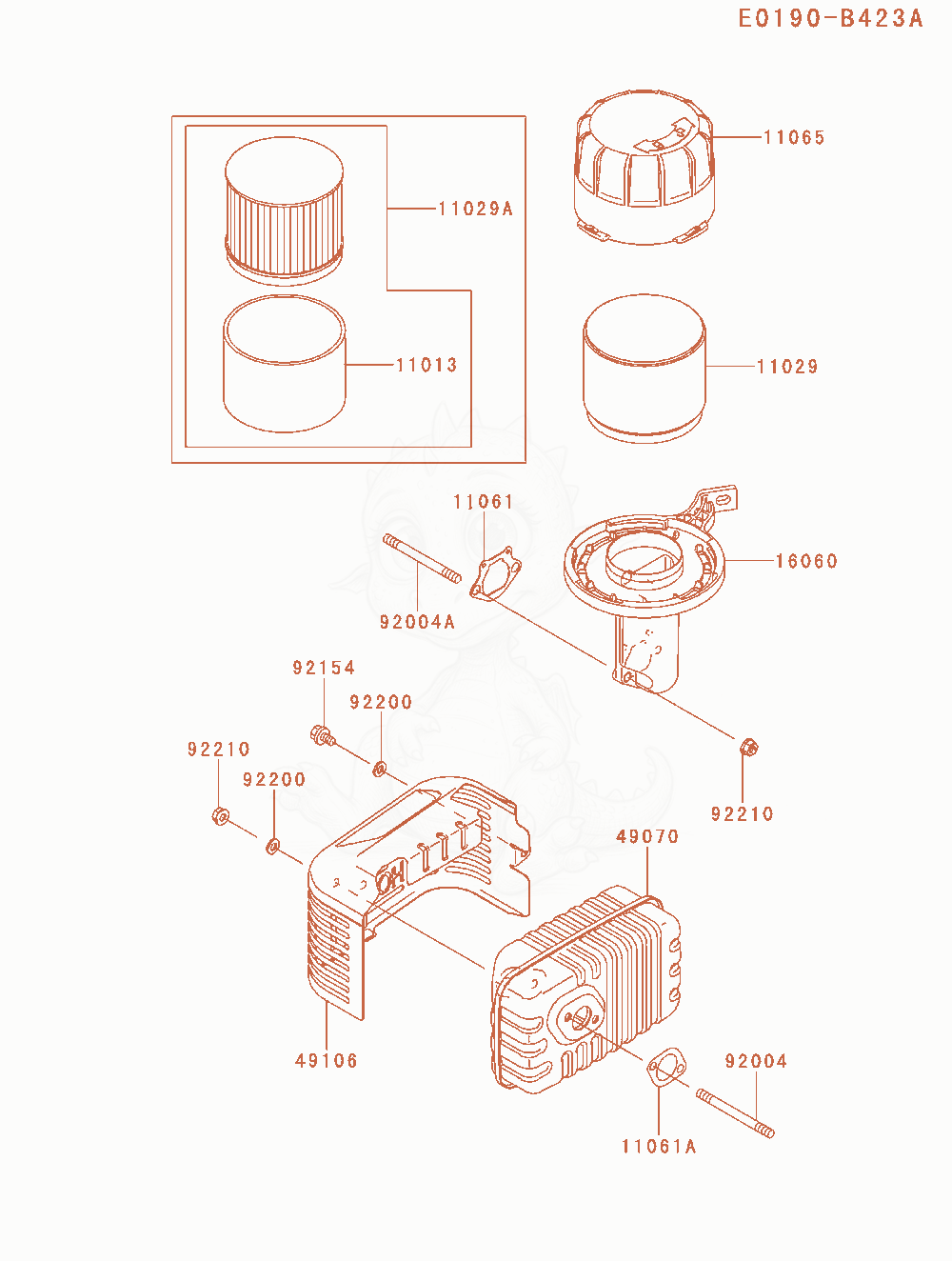 Despiece del Air-Filter / Muffler de un motor Kawasaki FJ180V-AM54, con globos numerados