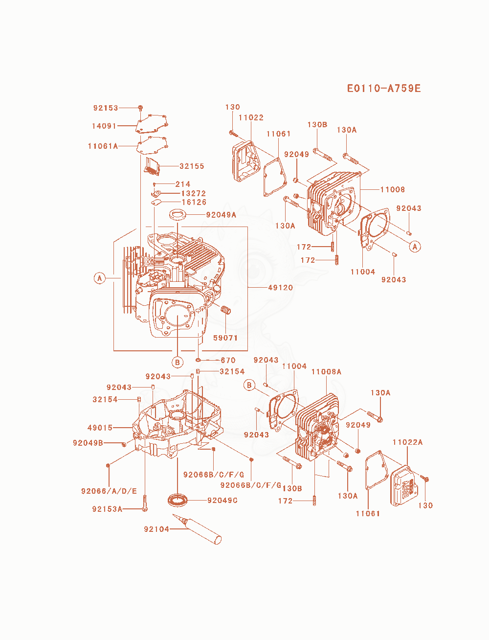 Despiece del Cylinder / Crankcase de un motor Kawasaki FS651V-BS07, con globos numerados