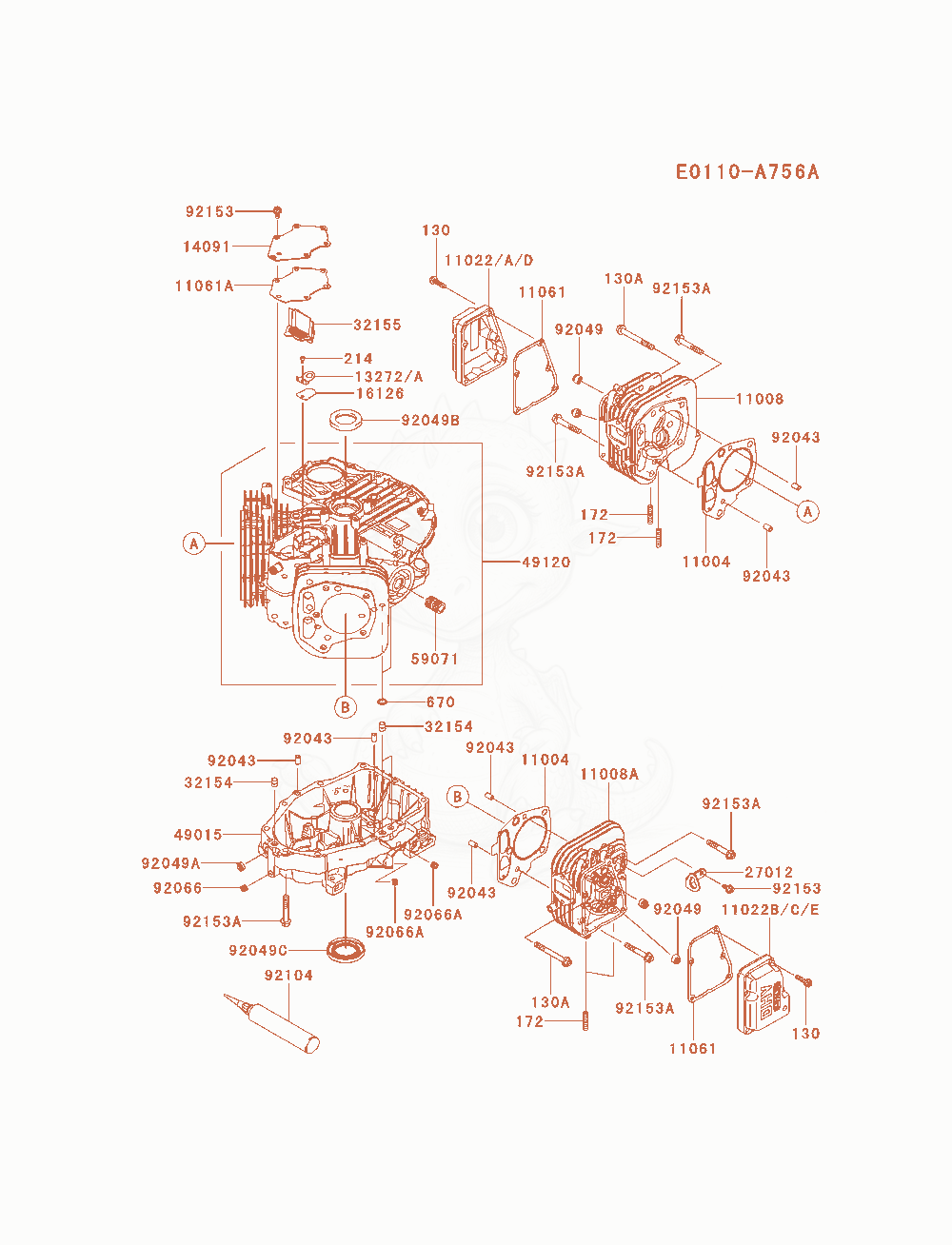 Despiece del Cylinder / Crankcase de un motor Kawasaki FX600V-AS14, con globos numerados