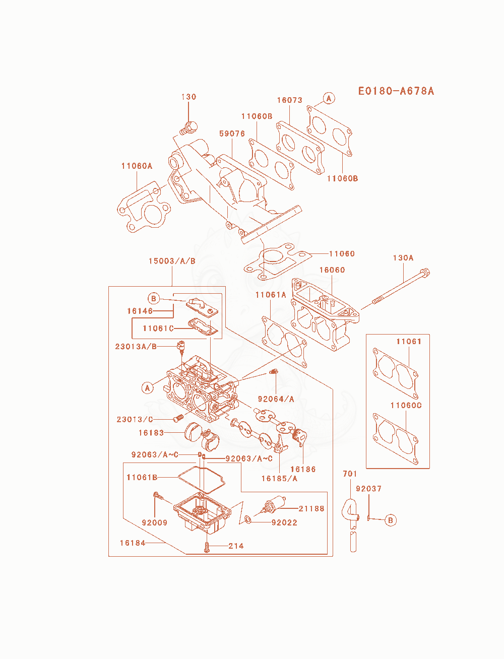 Exploded parts diagram of the Carburetor of a Kawasaki FD750D-AS00 engine, with numbered balloons