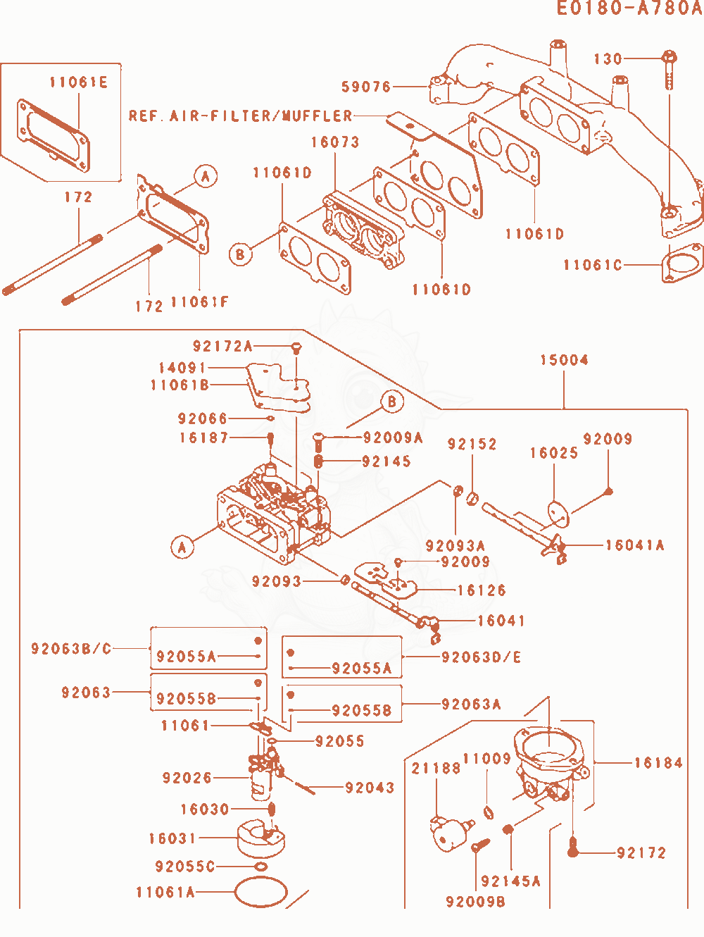 Despiece del Carburetor de un motor Kawasaki FX801V-AS04, con globos numerados