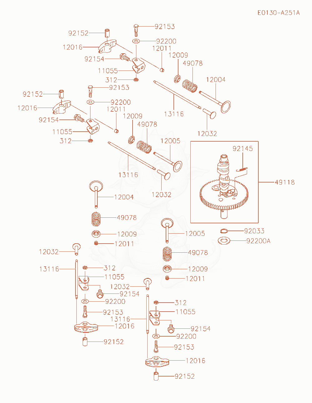 Despiece del Valve / Camshaft de un motor Kawasaki FT730V-AR30, con globos numerados