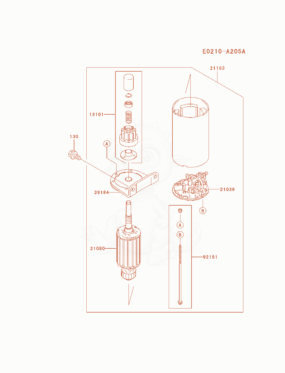 Despiece del Starter de un motor Kawasaki FH680V-AS01, con globos numerados