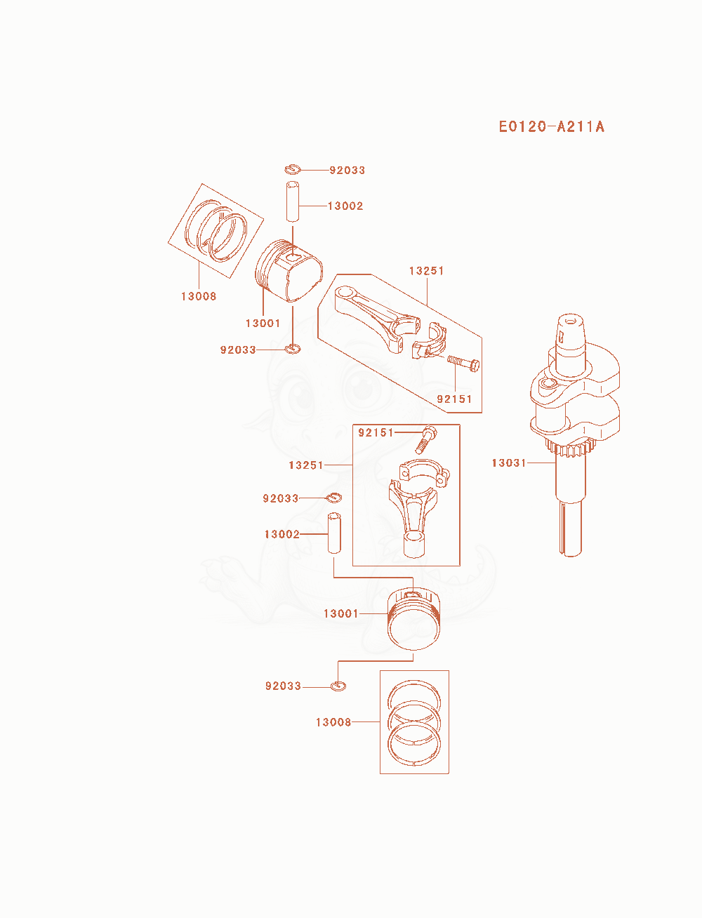 Despiece del Piston / Crankshaft de un motor Kawasaki FH580V-AS22, con globos numerados