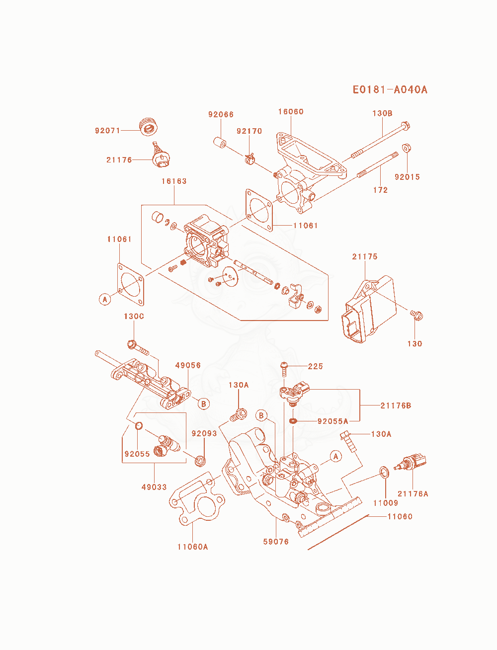 Despiece del Throttle-Equipment de un motor Kawasaki FD851D-MS02, con globos numerados