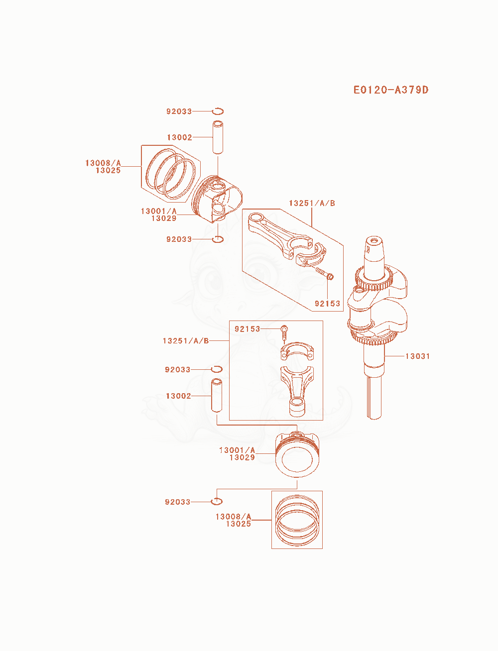 Despiece del Piston / Crankshaft de un motor Kawasaki FX921V-BS06, con globos numerados