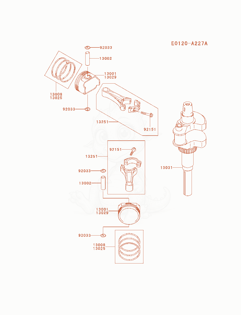 Despiece del Piston / Crankshaft de un motor Kawasaki FH721V-AS19, con globos numerados