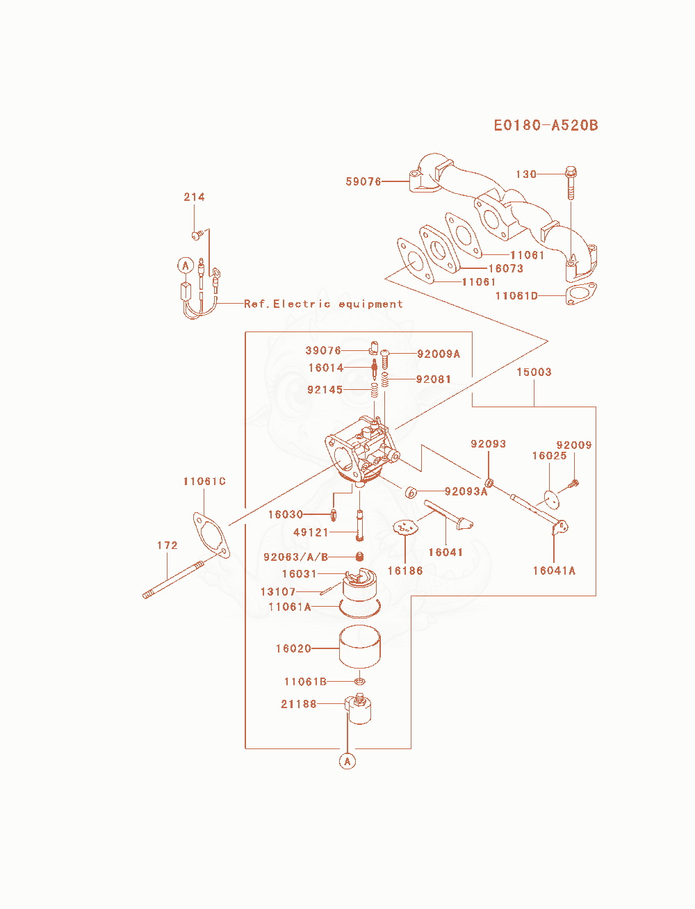Exploded parts diagram of the Carburetor of a Kawasaki FH580V-AS28 engine, with numbered balloons
