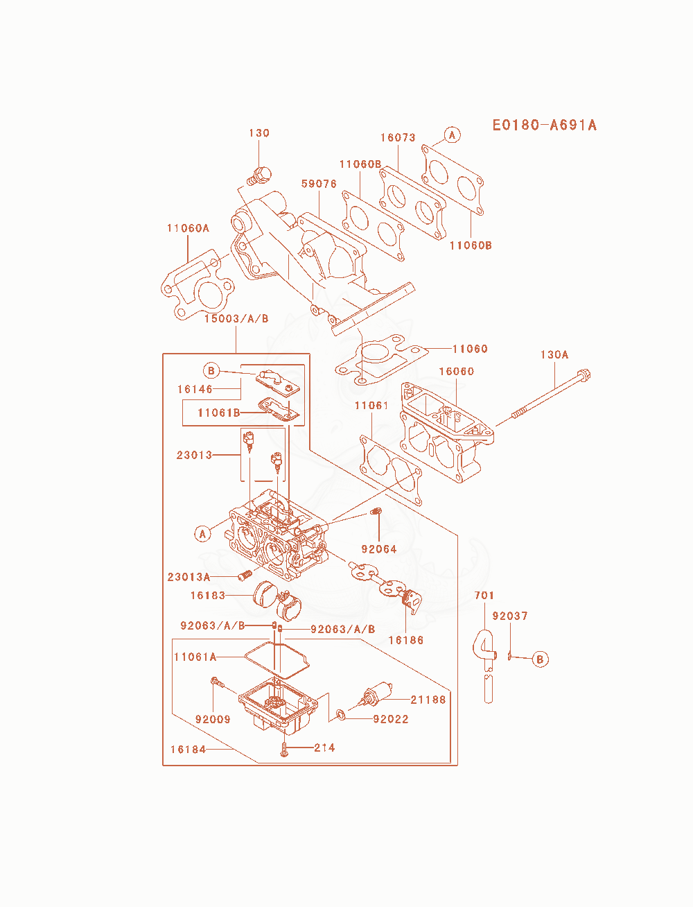 Despiece del Carburetor de un motor Kawasaki FD750D-CS03, con globos numerados