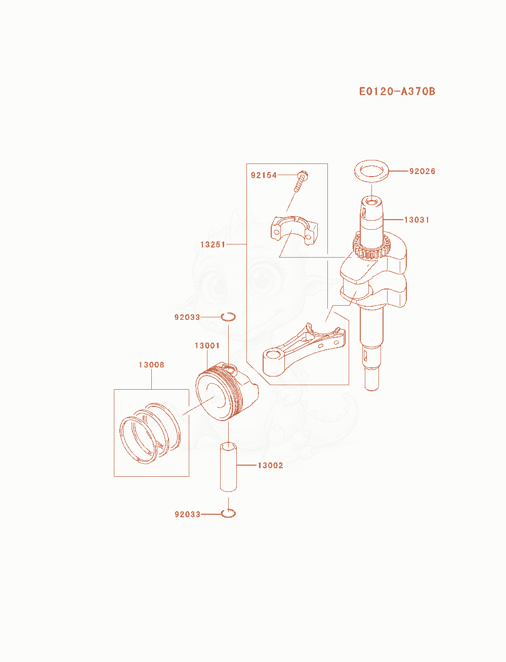 Despiece del Piston / Crankshaft de un motor Kawasaki FJ180V-AM12, con globos numerados