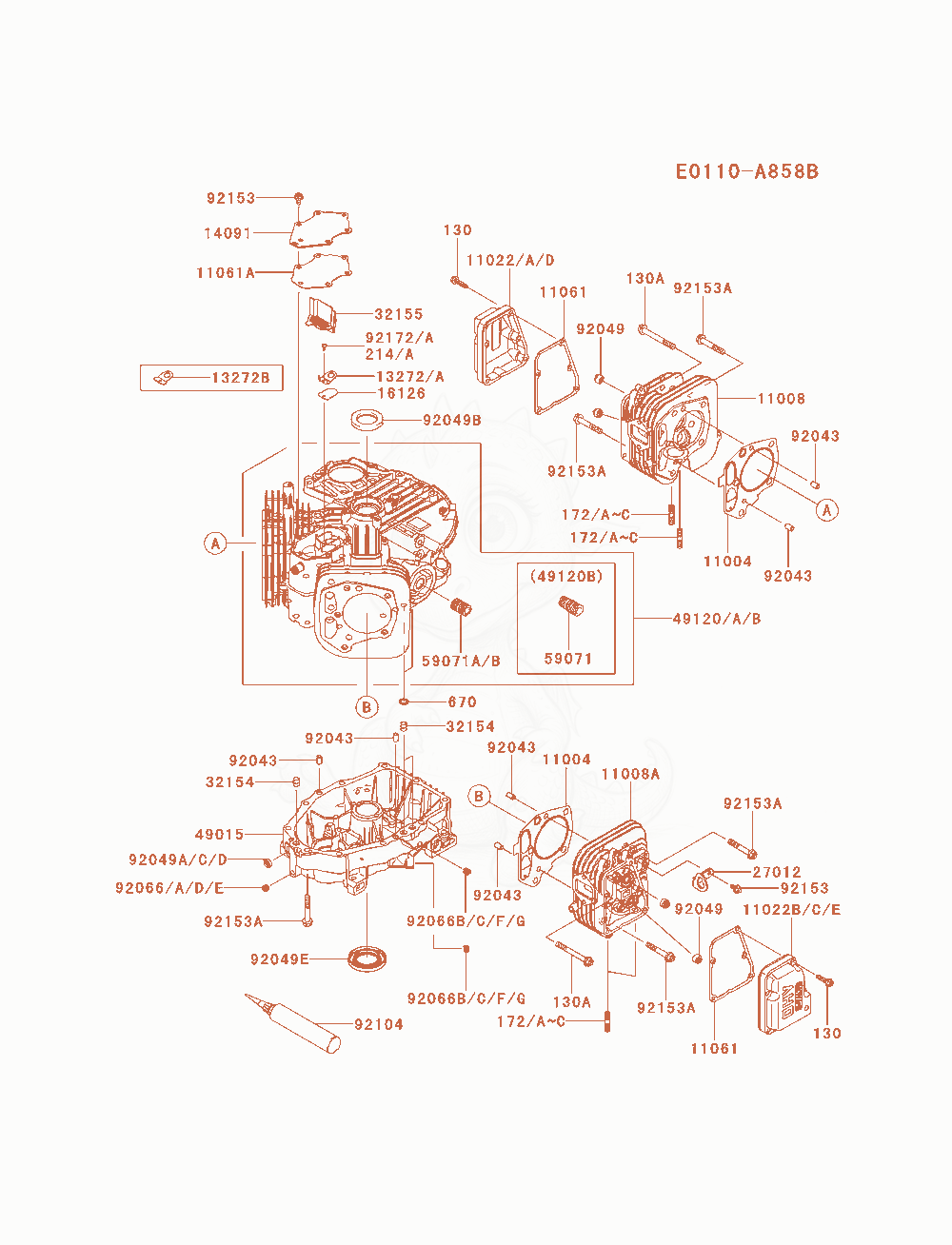 Despiece del Cylinder / Crankcase de un motor Kawasaki FS600V-AS17, con globos numerados