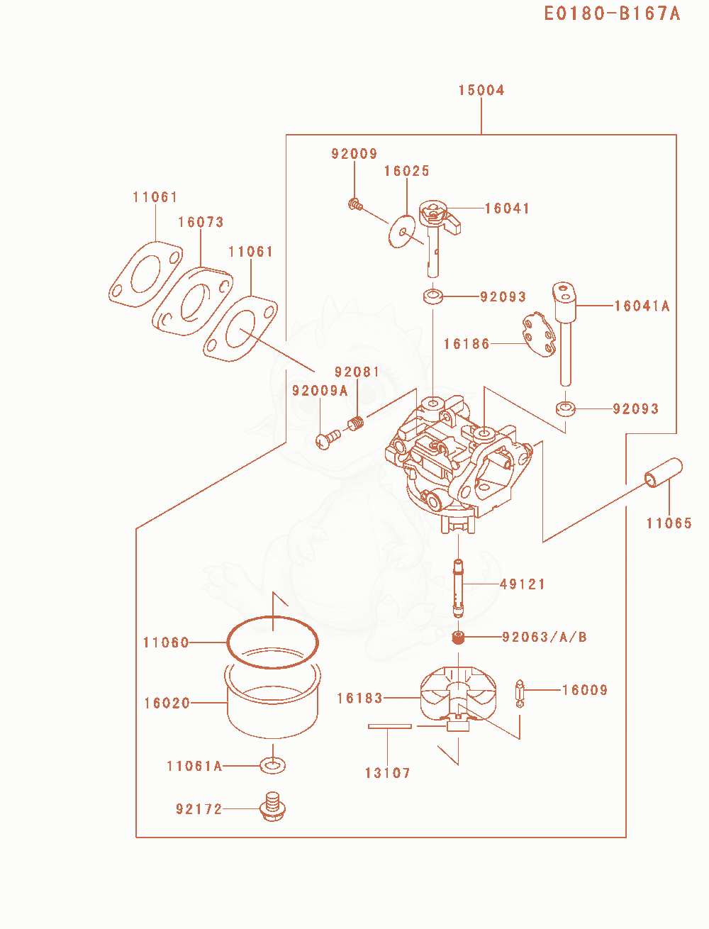 Despiece del Carburetor de un motor Kawasaki FJ180V-AM21, con globos numerados