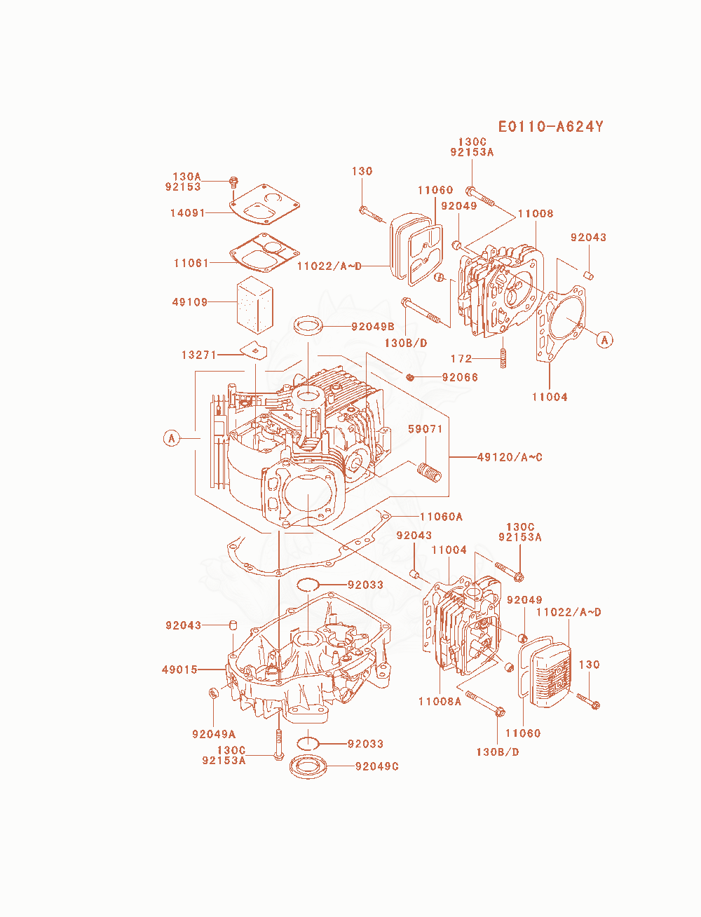 Despiece del Cylinder / Crankcase de un motor Kawasaki FH580V-AS16, con globos numerados