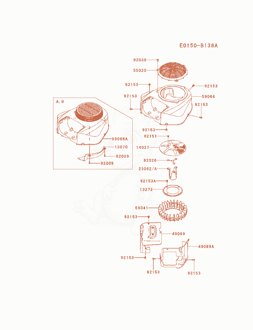 Despiece del Cooling-Equipment de un motor Kawasaki FR691V-AS14, con globos numerados
