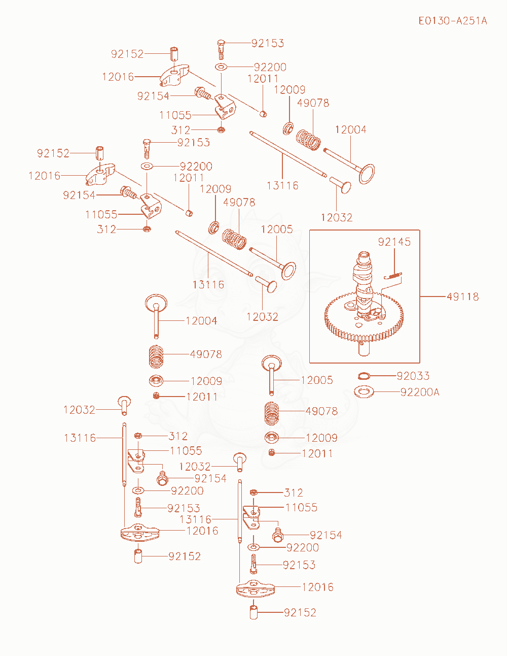Despiece del Valve / Camshaft de un motor Kawasaki FT730V-AW00, con globos numerados