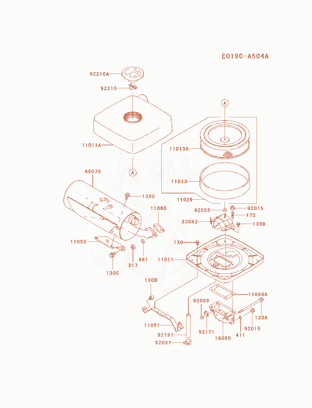 Exploded parts diagram of the Air-Filter / Muffler of a Kawasaki FH601D-AS01 engine, with numbered balloons