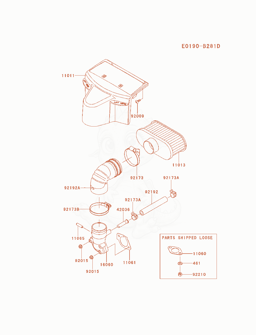 Despiece del Air-Filter / Muffler de un motor Kawasaki FR651V-AS30, con globos numerados