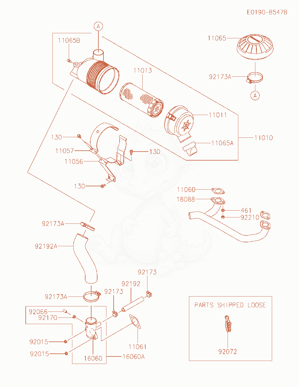 Despiece del Air-Filter / Muffler de un motor Kawasaki FX541V-AS07, con globos numerados