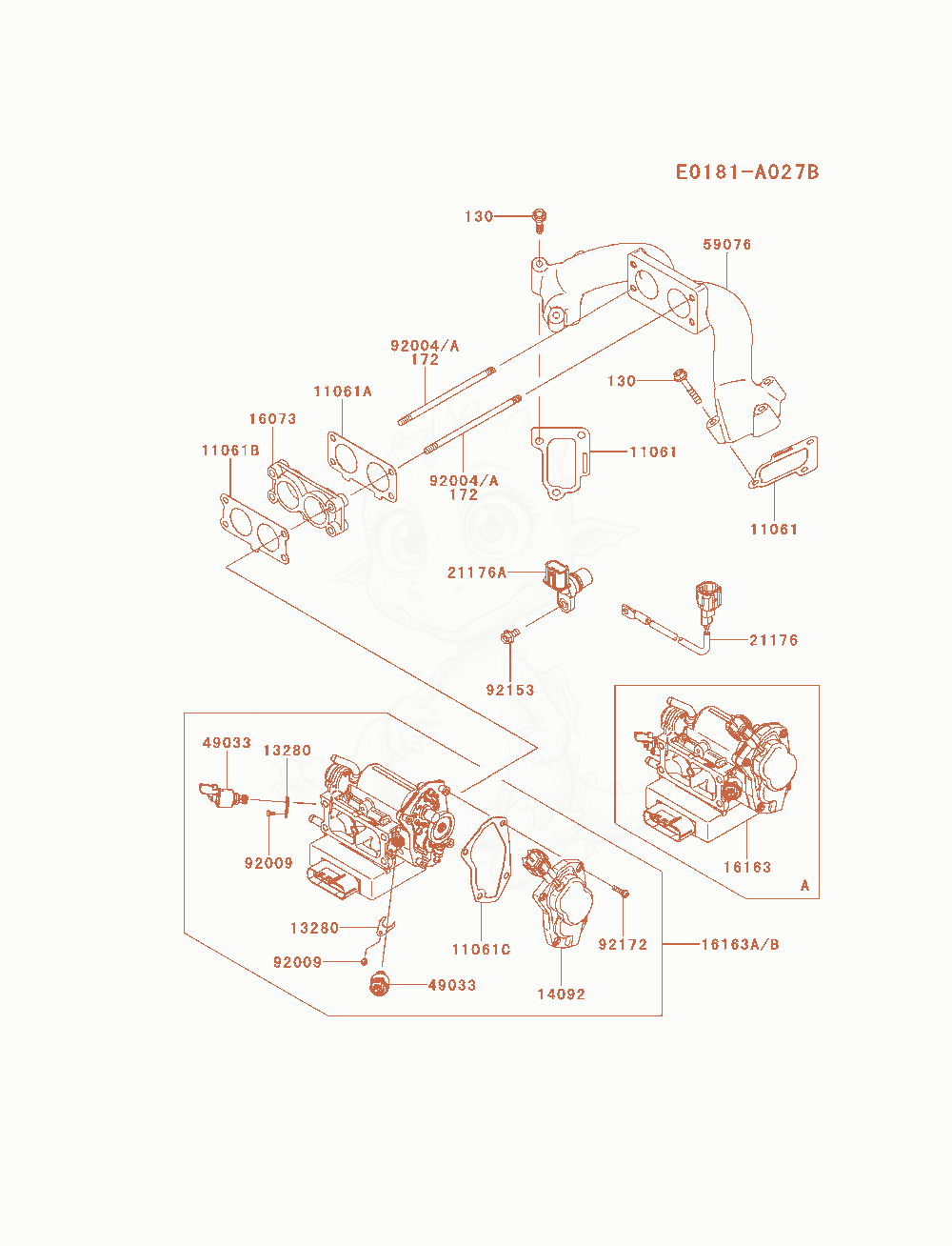 Despiece del Throttle-Equipment de un motor Kawasaki FXT00V-AS01, con globos numerados