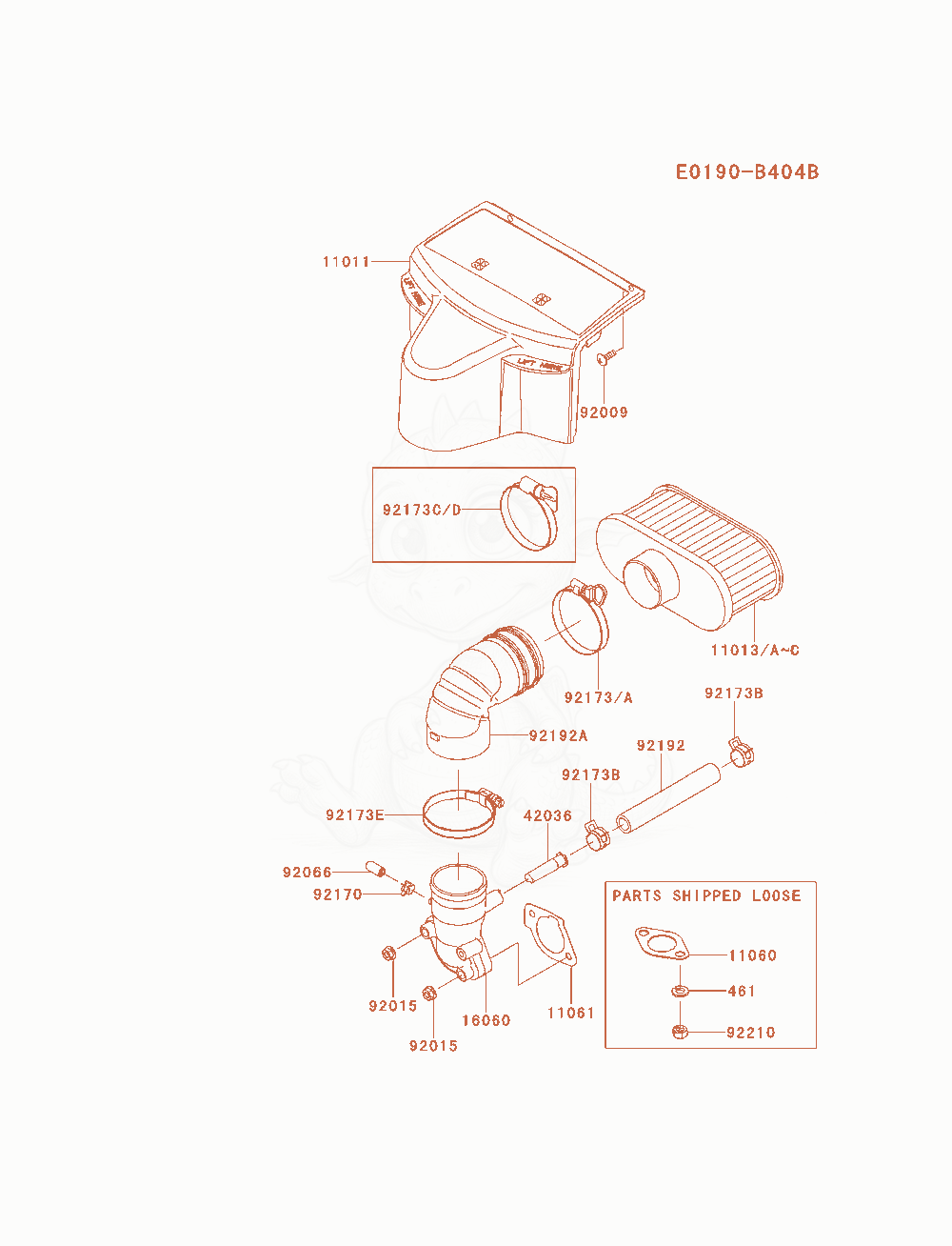 Despiece del Air-Filter / Muffler de un motor Kawasaki FR691V-AS15, con globos numerados