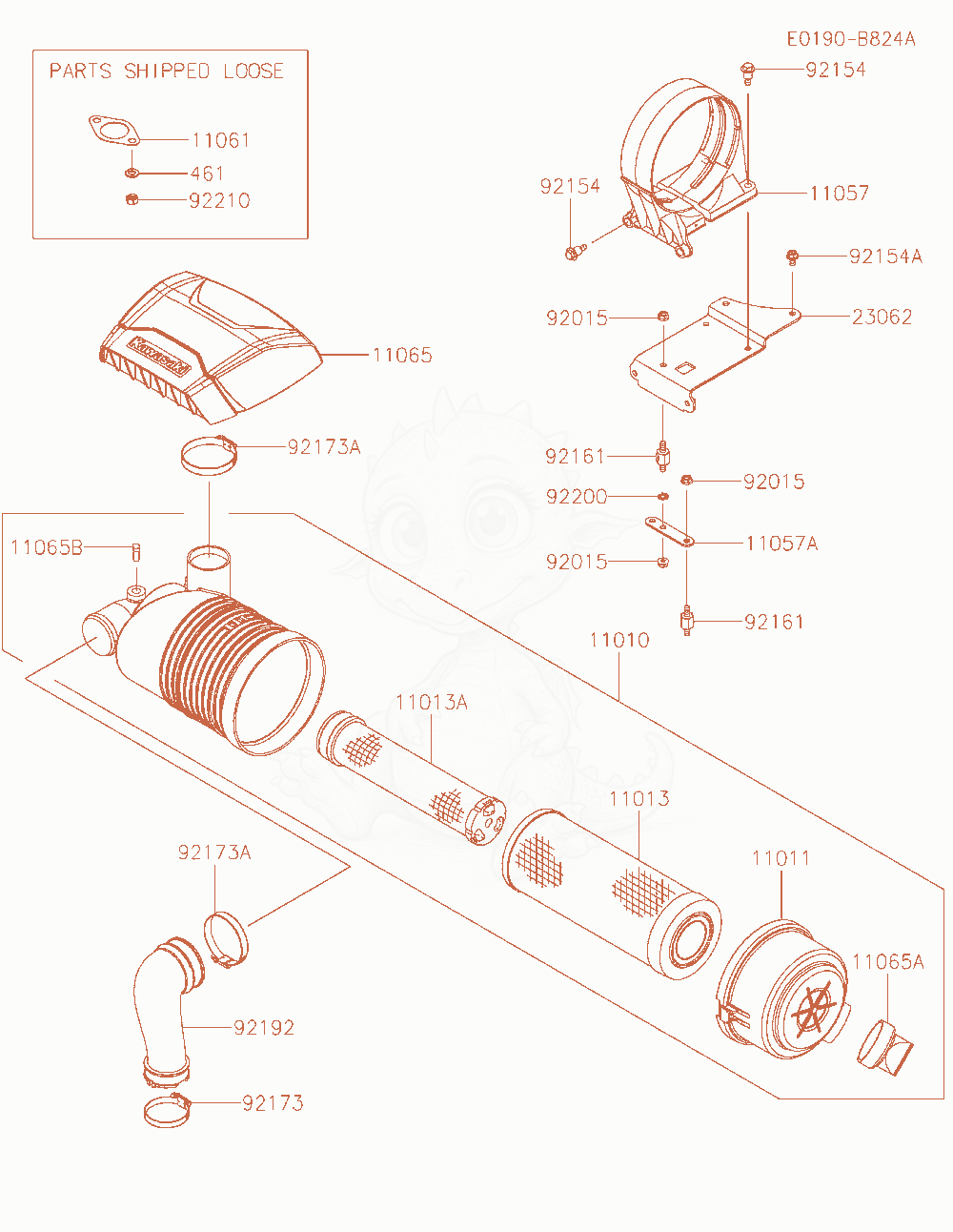 Despiece del Air-Filter / Muffler de un motor Kawasaki FXT00V-AR32, con globos numerados