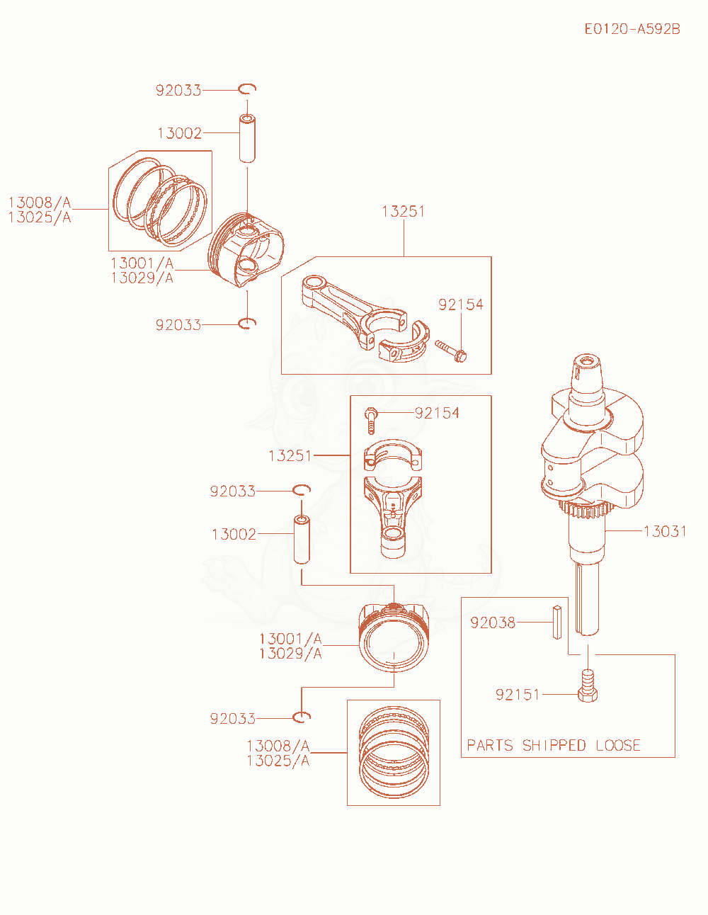 Despiece del Piston / Crankshaft de un motor Kawasaki FS691V-BE51, con globos numerados