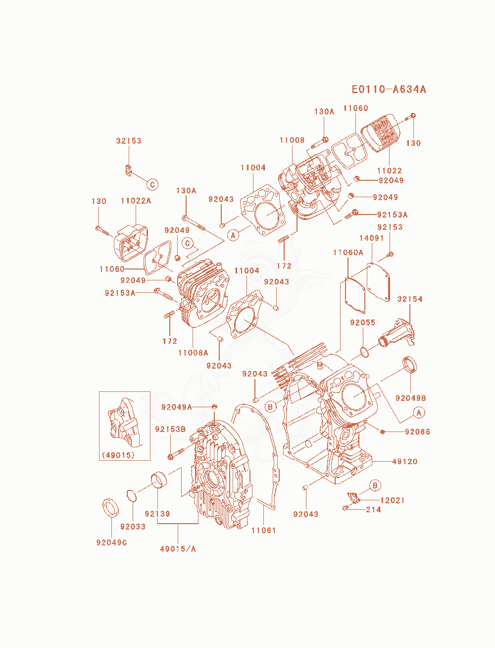 Despiece del Cylinder / Crankcase de un motor Kawasaki FH721D-AS11, con globos numerados