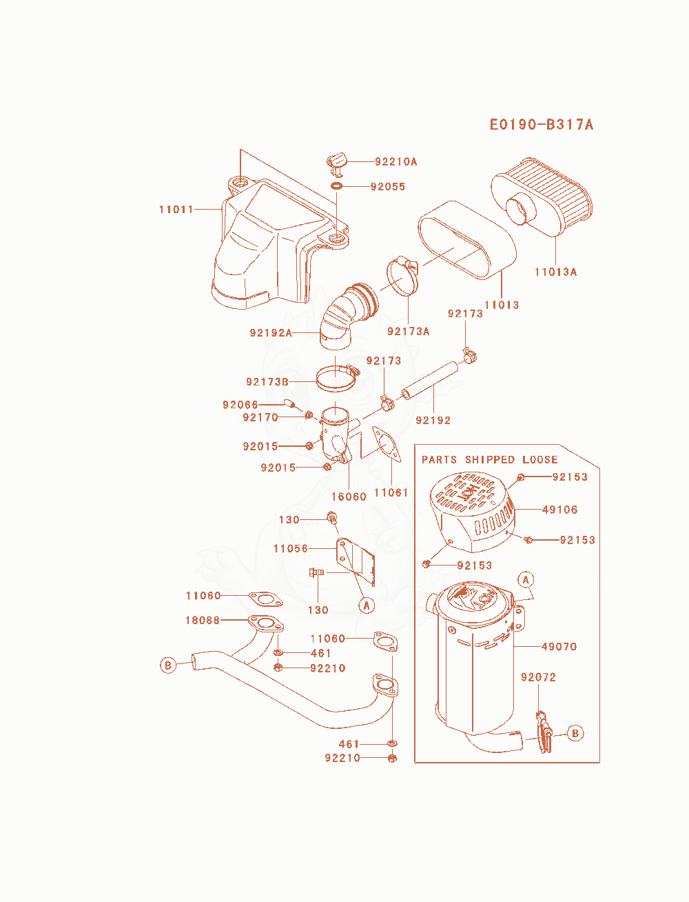 Despiece del Air-Filter / Muffler de un motor Kawasaki FS481V-AS20, con globos numerados