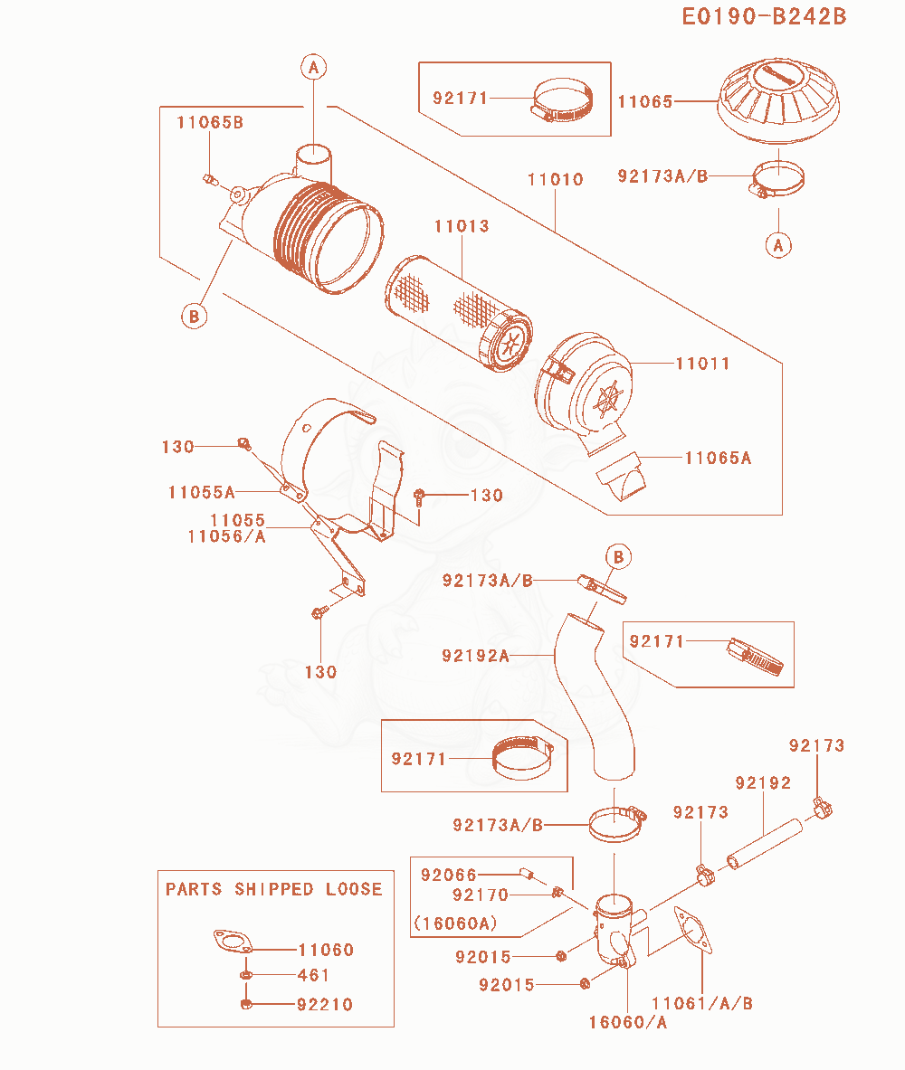 Despiece del Air-Filter / Muffler de un motor Kawasaki FX541V-BS01, con globos numerados