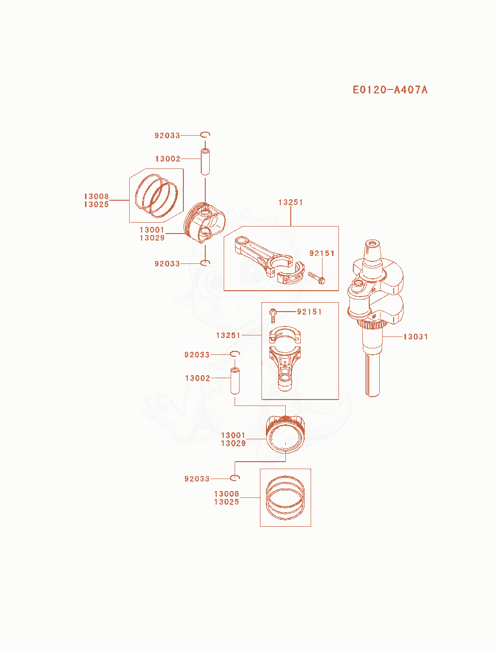 Despiece del Piston / Crankshaft de un motor Kawasaki FX651V-AS10, con globos numerados